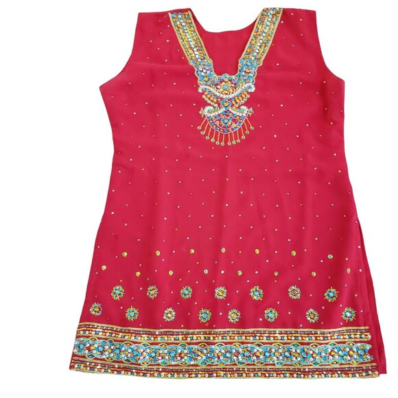 Red Ethnic Indian Tunic Top & Wide-Leg Pants Set Intricate Embroidery & Beading - Picture 5 of 11